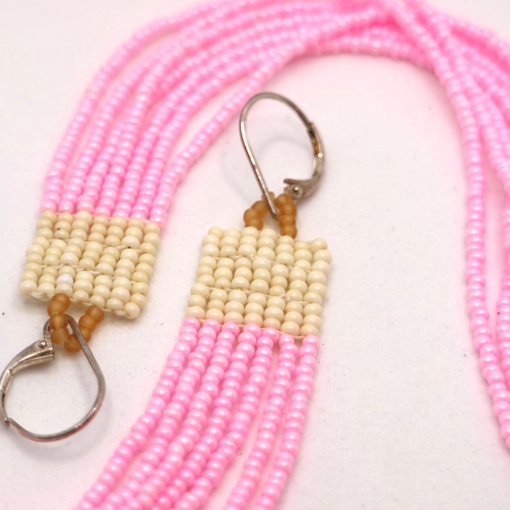 HANDMADE GLASS EARRINGS Beaded Earrings Handmade Long Fringe Pink Tan